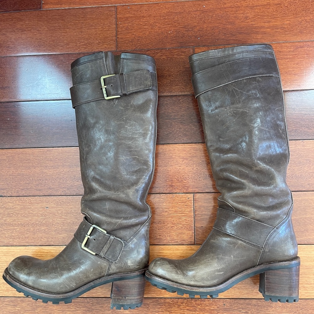 Brown Leather Knee-High Moto Boots by Free Lance Paris size 6 or 36